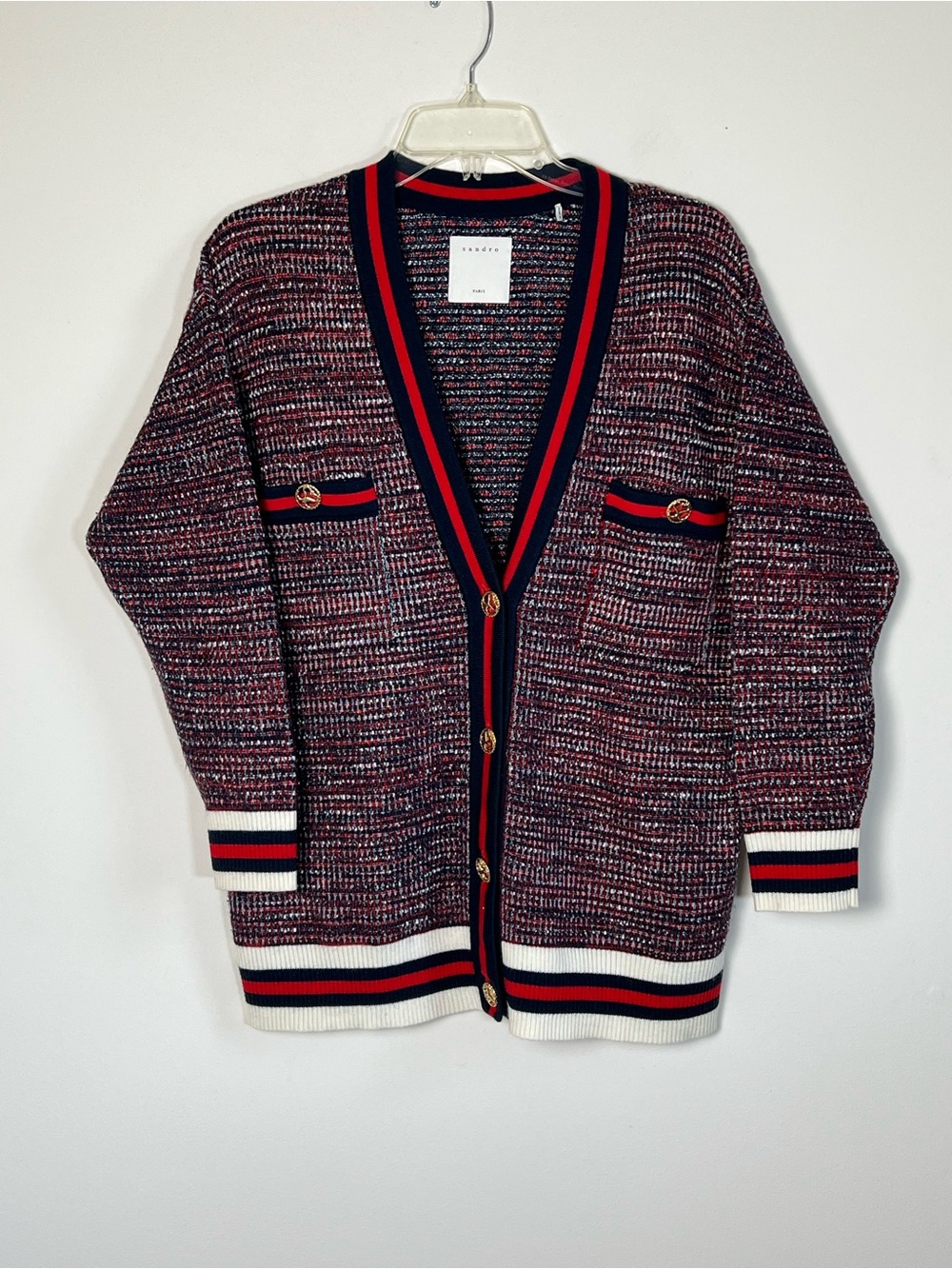 Sandro Dyna Tweed Effect Oversized Knit Cardigan Jacket Red Navy White 1 S